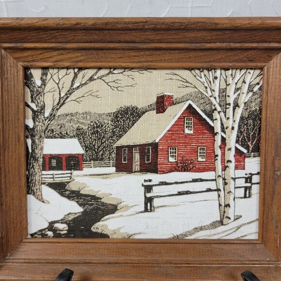 Vintage Linen Needlepoint Framed Covered Bridge And Farm House Winter Scene - Picture 13 of 14